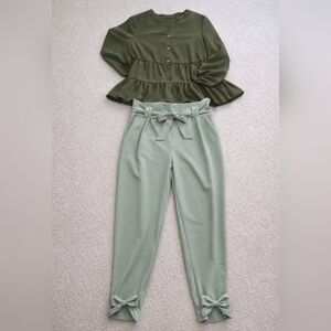 SHEIN Olive Peplum Top + Grace Karin Sage Pants Outfit | L / XL